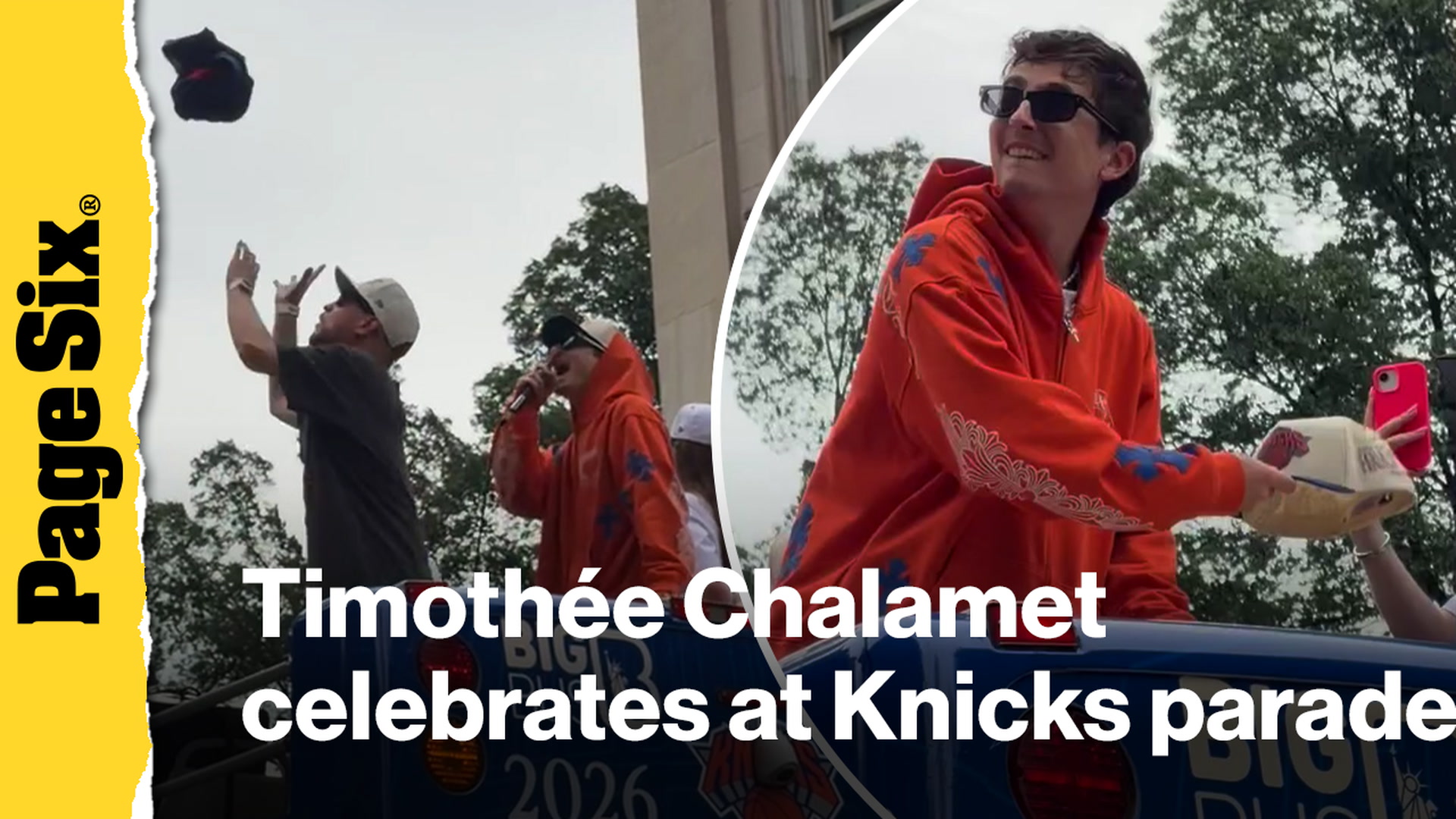 Video thumbnail for Timothée Chalamet celebrates Knicks win sans Kylie Jenner at star-studded parade