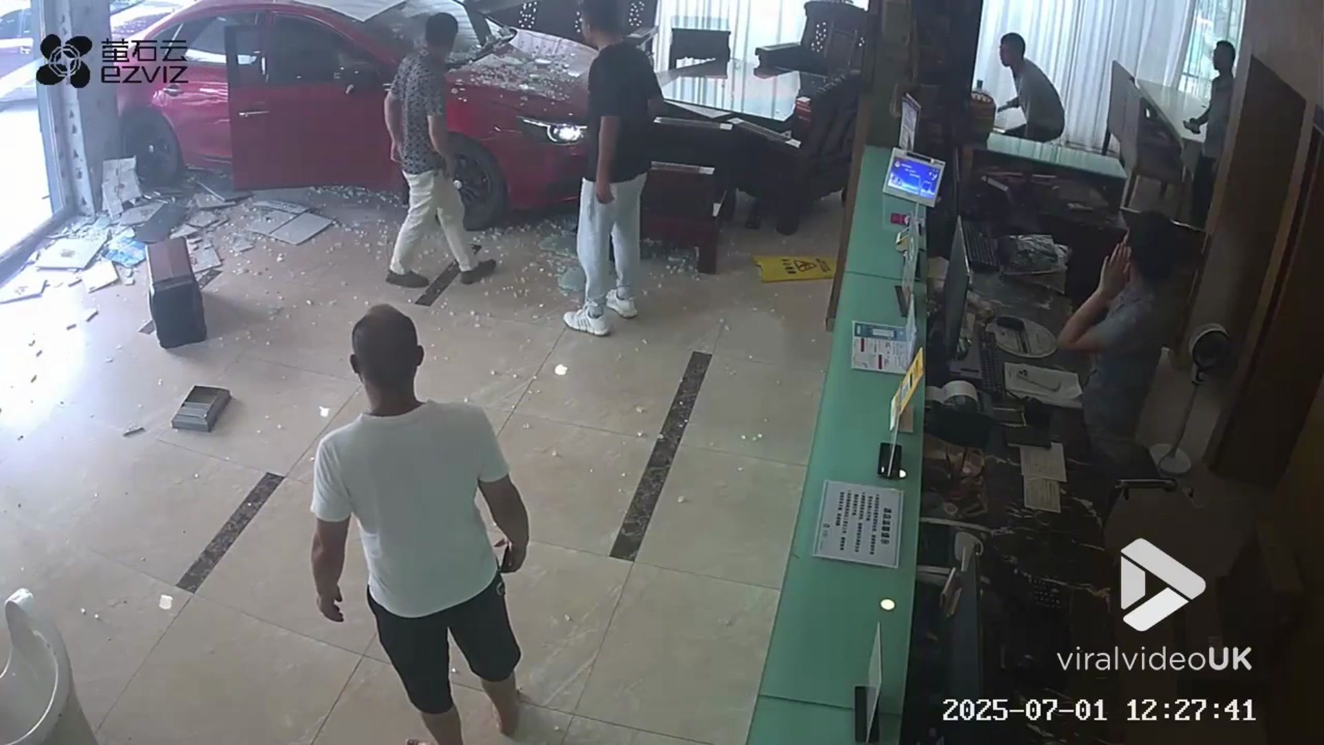 'Video thumbnail for VV5025 CCTV catches small sedan suddenly crashing into a hotel.'