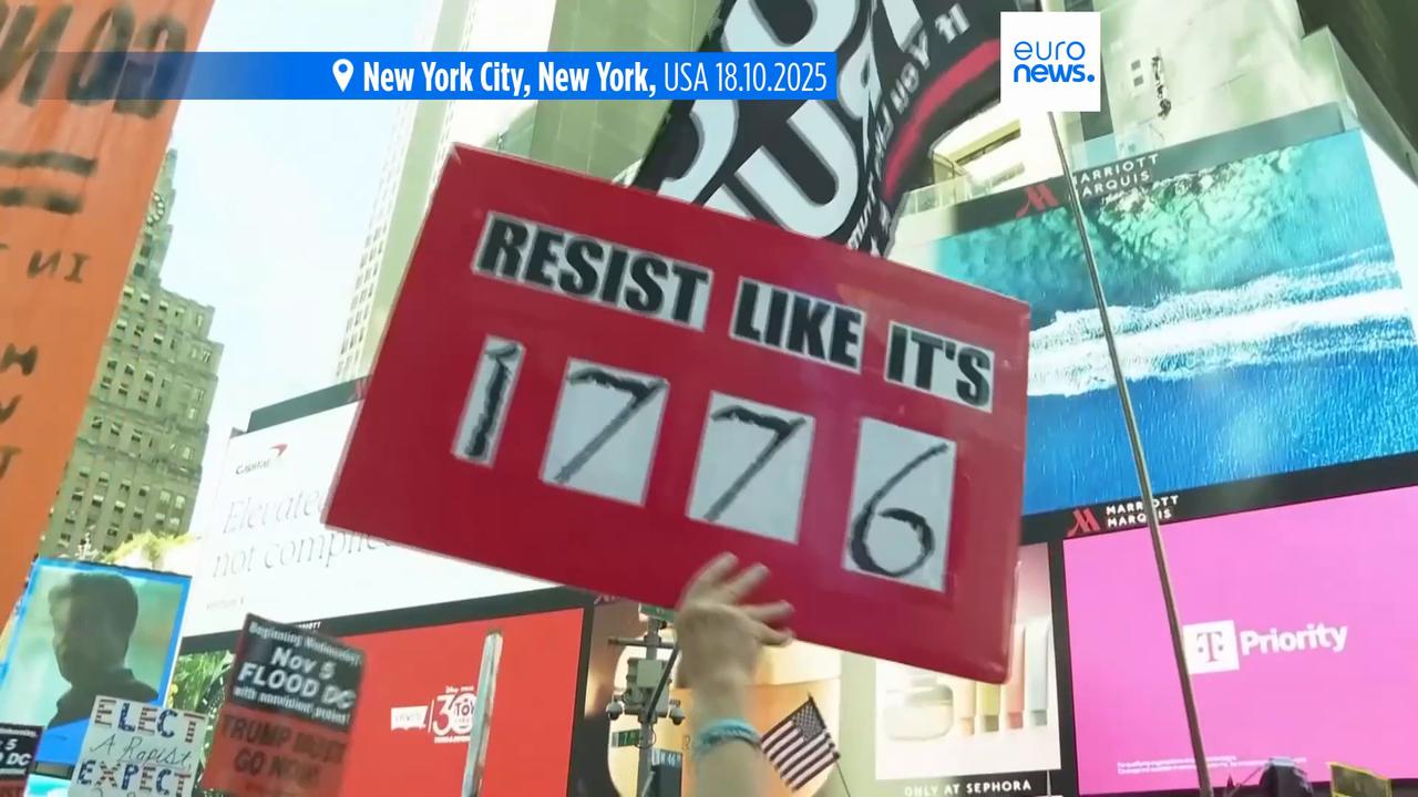 'Video thumbnail for Tens of thousands of people take to the streets in nationwide anti-Trump 'No Kings' protests'