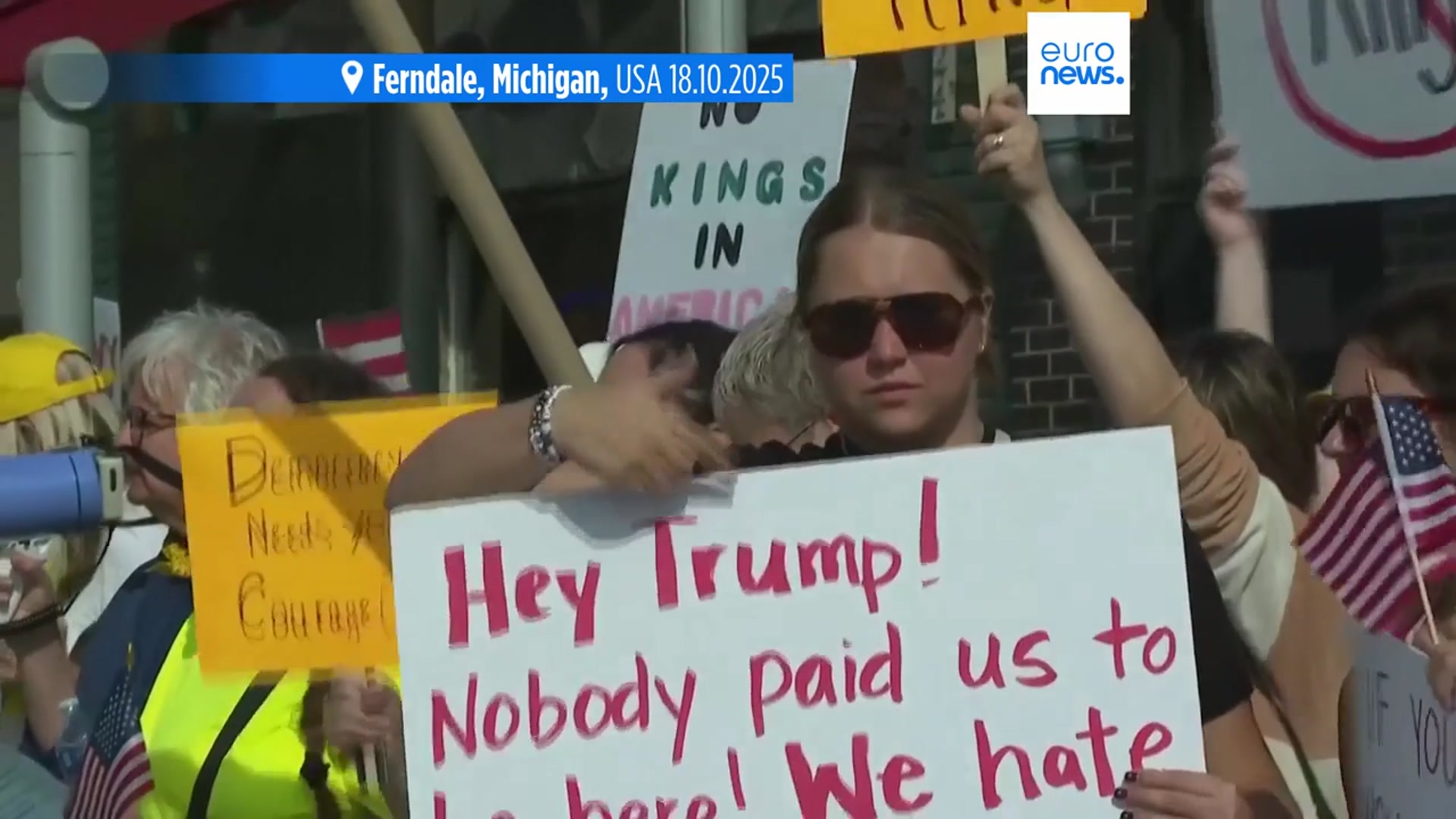 'Video thumbnail for Tens of thousands of people take to the streets in nationwide anti-Trump 'No Kings' protests'