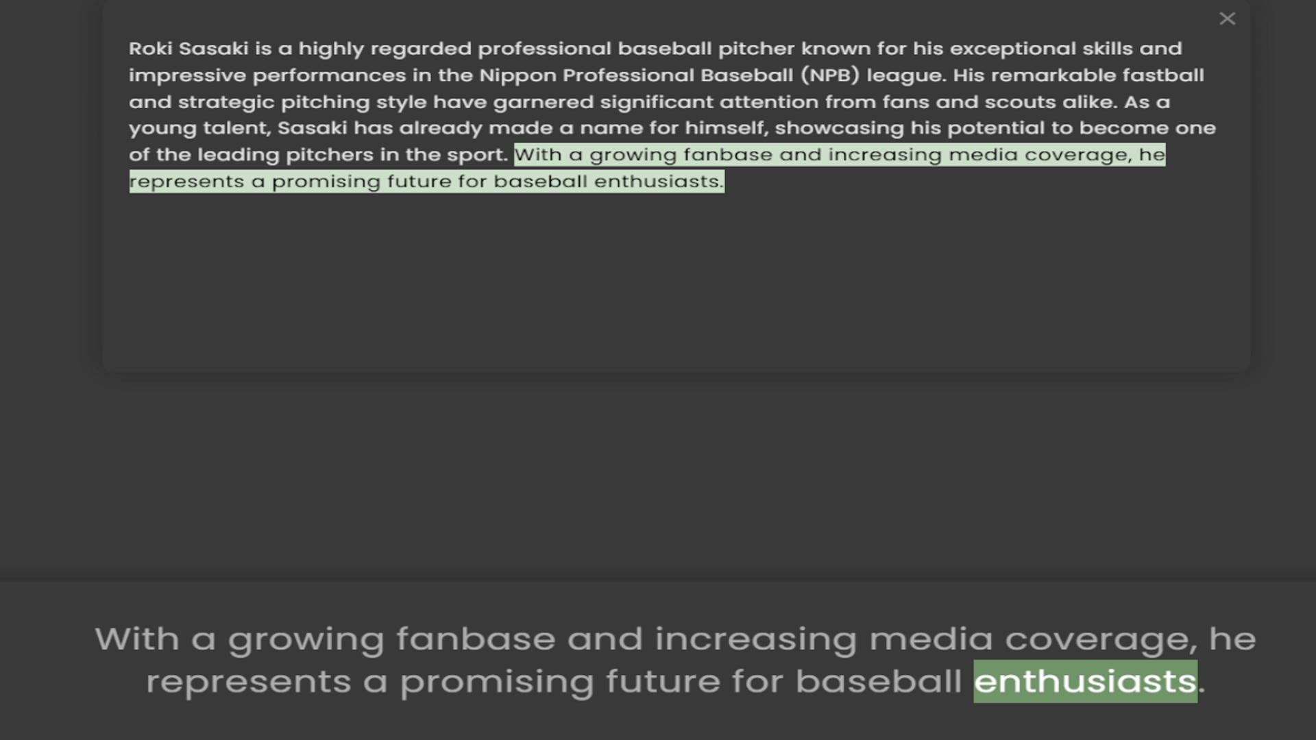 Video thumbnail for Roki Sasaki is a highly regarded professional baseball pitcher known for his exceptional skills and impressive performances in the Nippon Professional Baseball (NPB) league. His remarkable fastball and strategic pitching style have garner