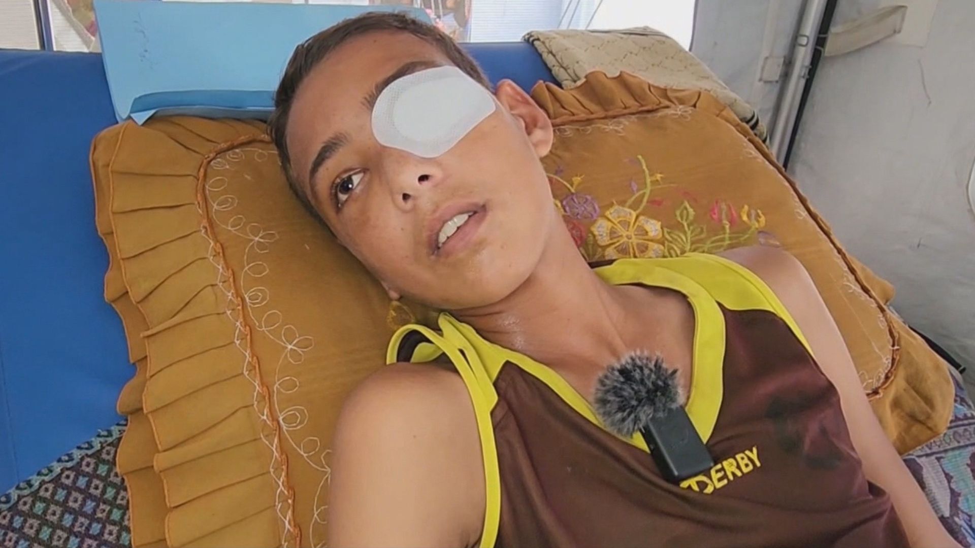 'Video thumbnail for Palestinian teen blinded in one eye after being shot while seeking food at Gaza aid centre'