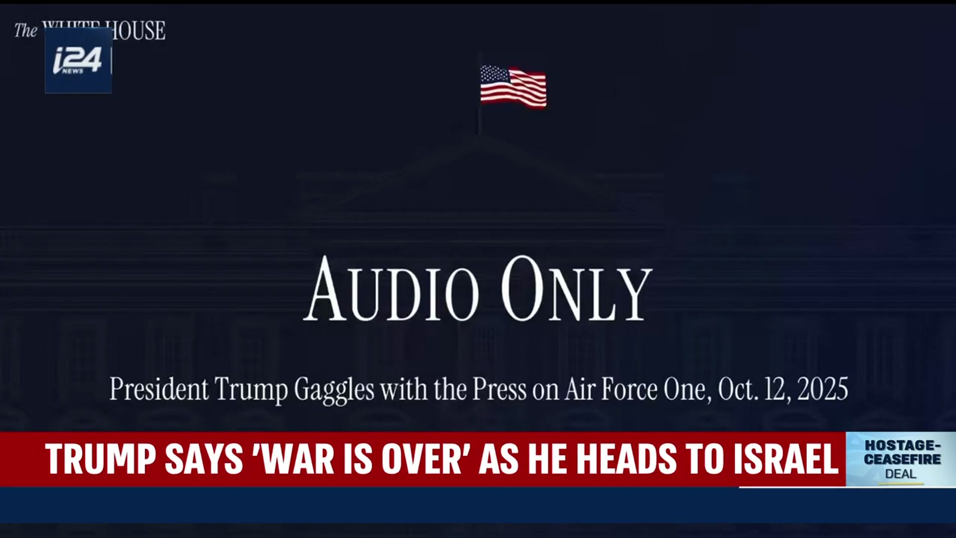 'Video thumbnail for Trump says 'war is over' as he heads to Israel'