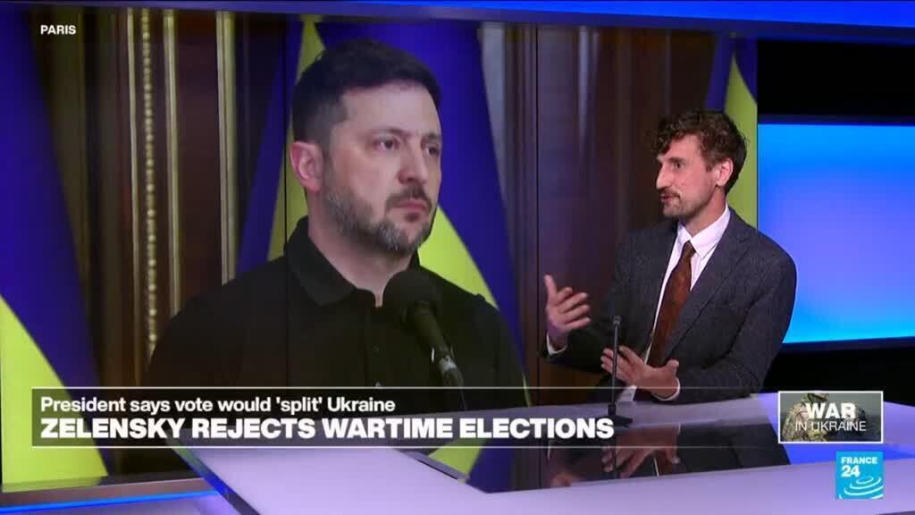 Video thumbnail for Zelensky rejects rival's call for elections, says would be 'huge risk' for Ukraine