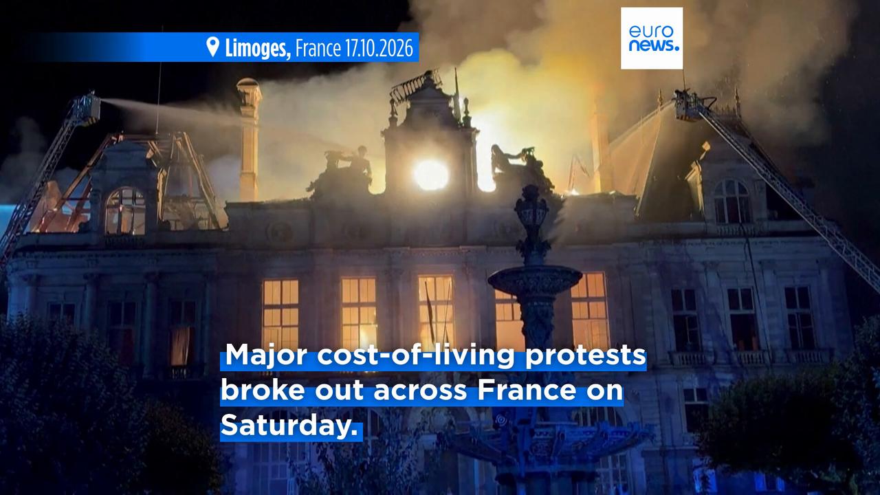 Video thumbnail for Spire collapses at historic Limoges town hall amid violent protests across France