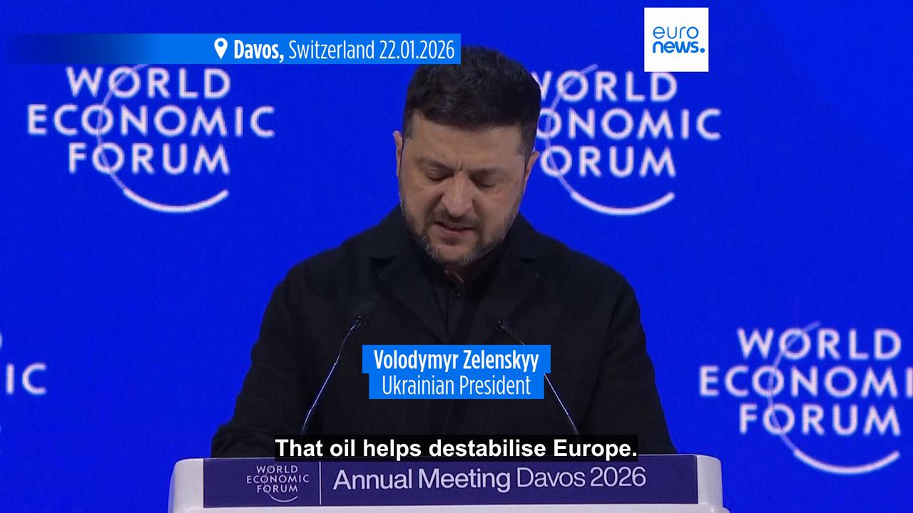 Video thumbnail for Zelenskyy says Europe 'looks lost' and living in 'Groundhog Day' in scathing Davos address