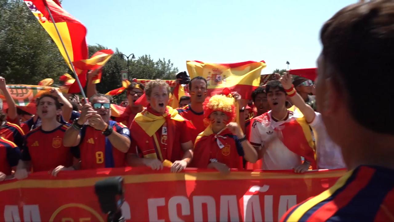 Video thumbnail for US: Spanish fans march to Dallas Stadium ahead of Portugal match.