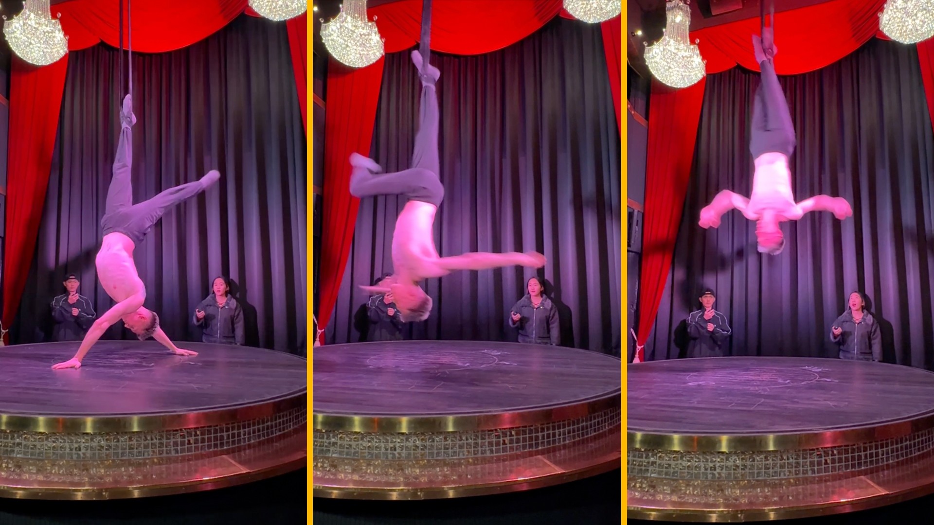 Video thumbnail for Most 360 degrees spins while hanging upside down from aerial straps in one minute - 178 by Jean-Luc Bedryk