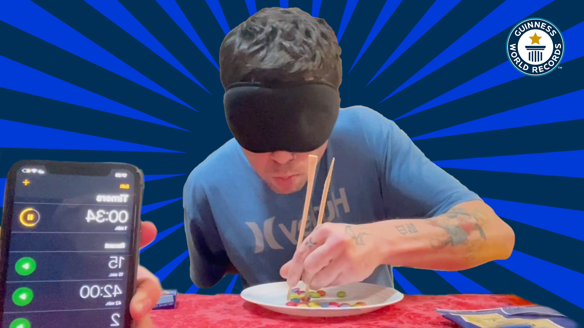'Video thumbnail for New world record, most M&Ms eaten blindfolded in one minute'