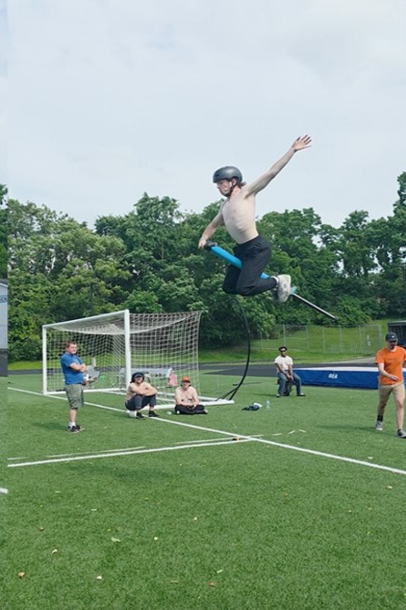 Video thumbnail for Longest single jump on a pogo stick  7.16 metres (23 ft 6 in) by Duncan Murray