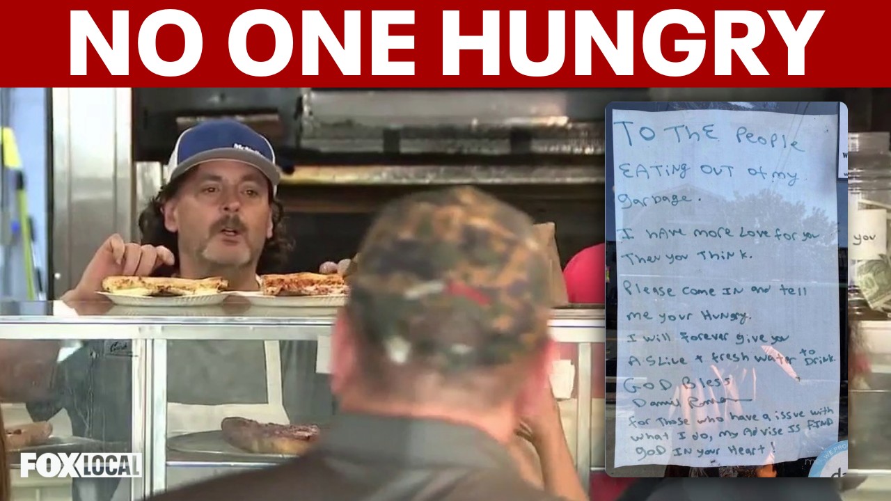 Video thumbnail for A Bronx pizzeria owner’s sign to people eating from his trash: ‘Come inside’