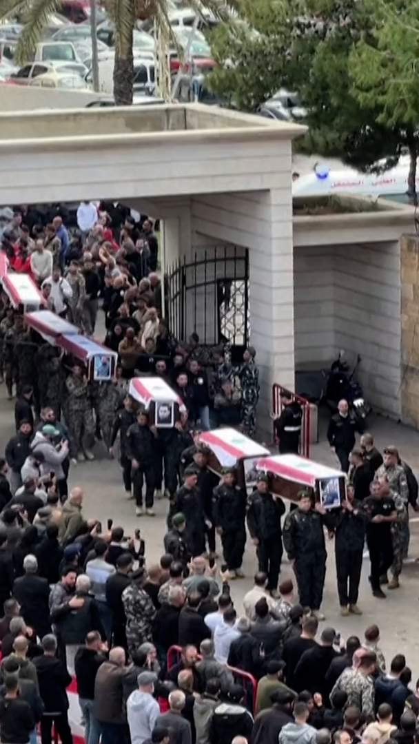 Video thumbnail for Lebanon mourns security forces killed in Israeli strike