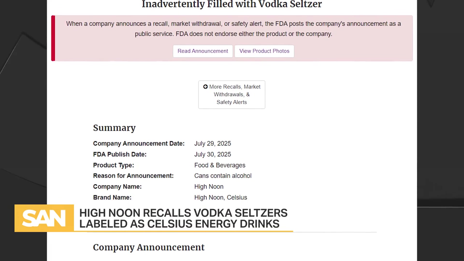 'Video thumbnail for Spiked by mistake: High Noon recalls vodka in CELSIUS energy drink cans'