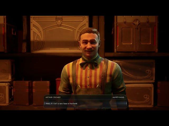 Video thumbnail for The Outer Worlds 2 - Fairfield: Meet Arthur Cromby (Vender) Speech +3 "Sprats" Gameplay Sequence