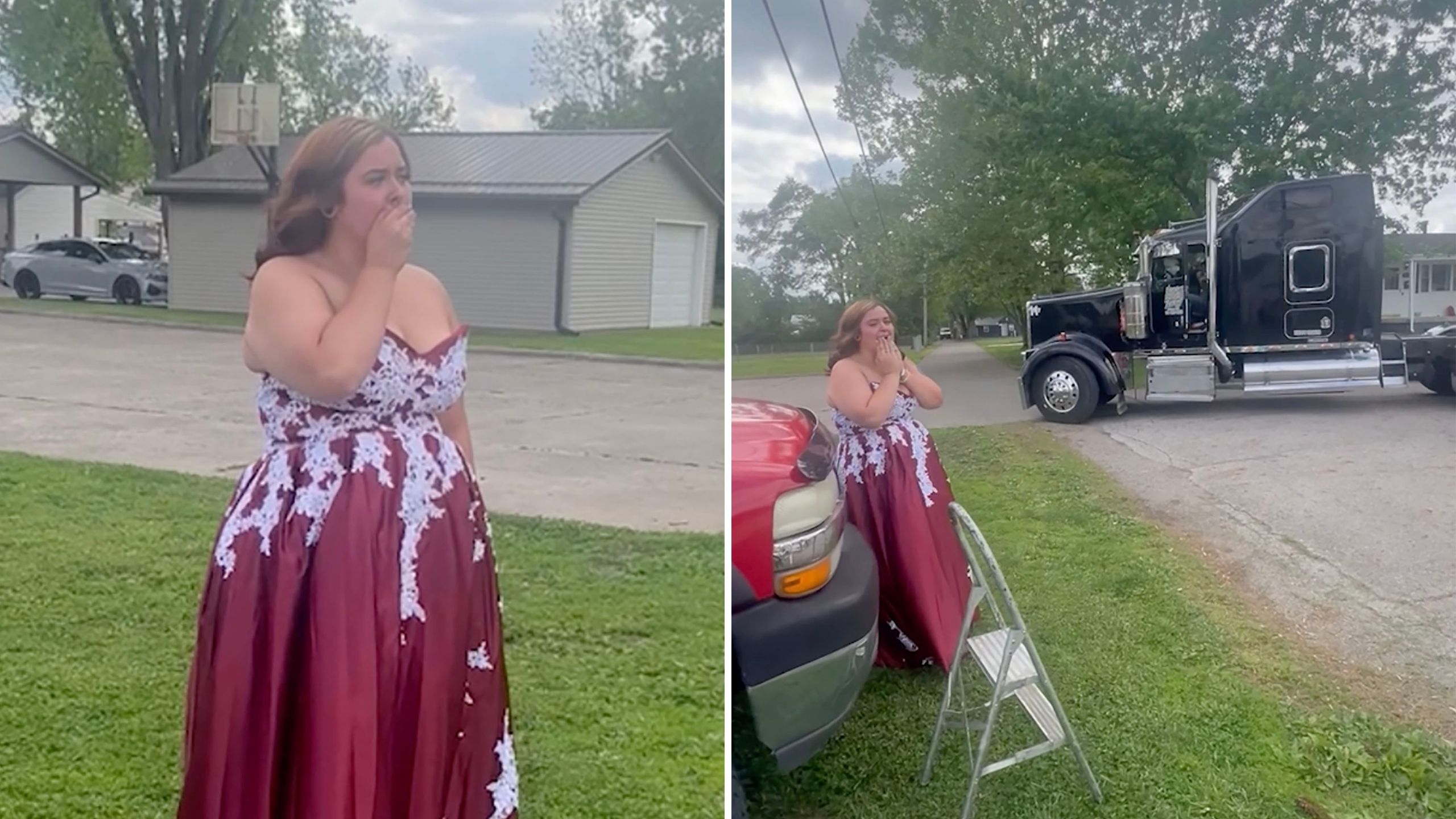 Video thumbnail for Daughter Surprised By 18-Wheeler Ride To Prom In Honor Of Late Trucker Father