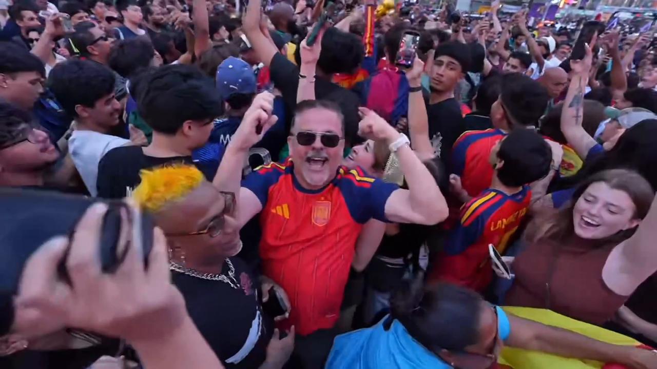 Video thumbnail for US: Spanish fans gather in Times Square to celebrate 2026 FIFA World Cup championship.
