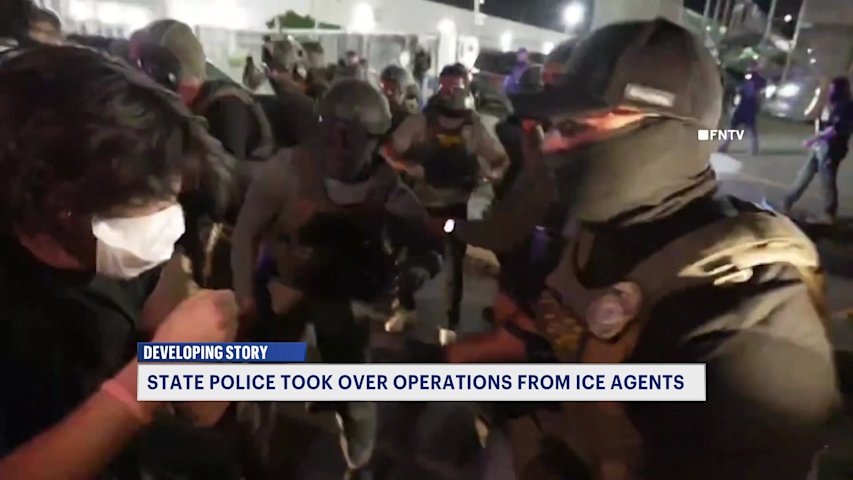 Video thumbnail for NJ State Police and protestors clash outside Delaney Hall