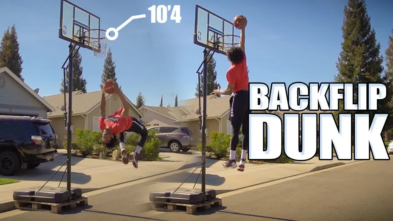 Video thumbnail for Backflip Dunk: Professional Dunker dunks off VERTICAL on 10'4 rim