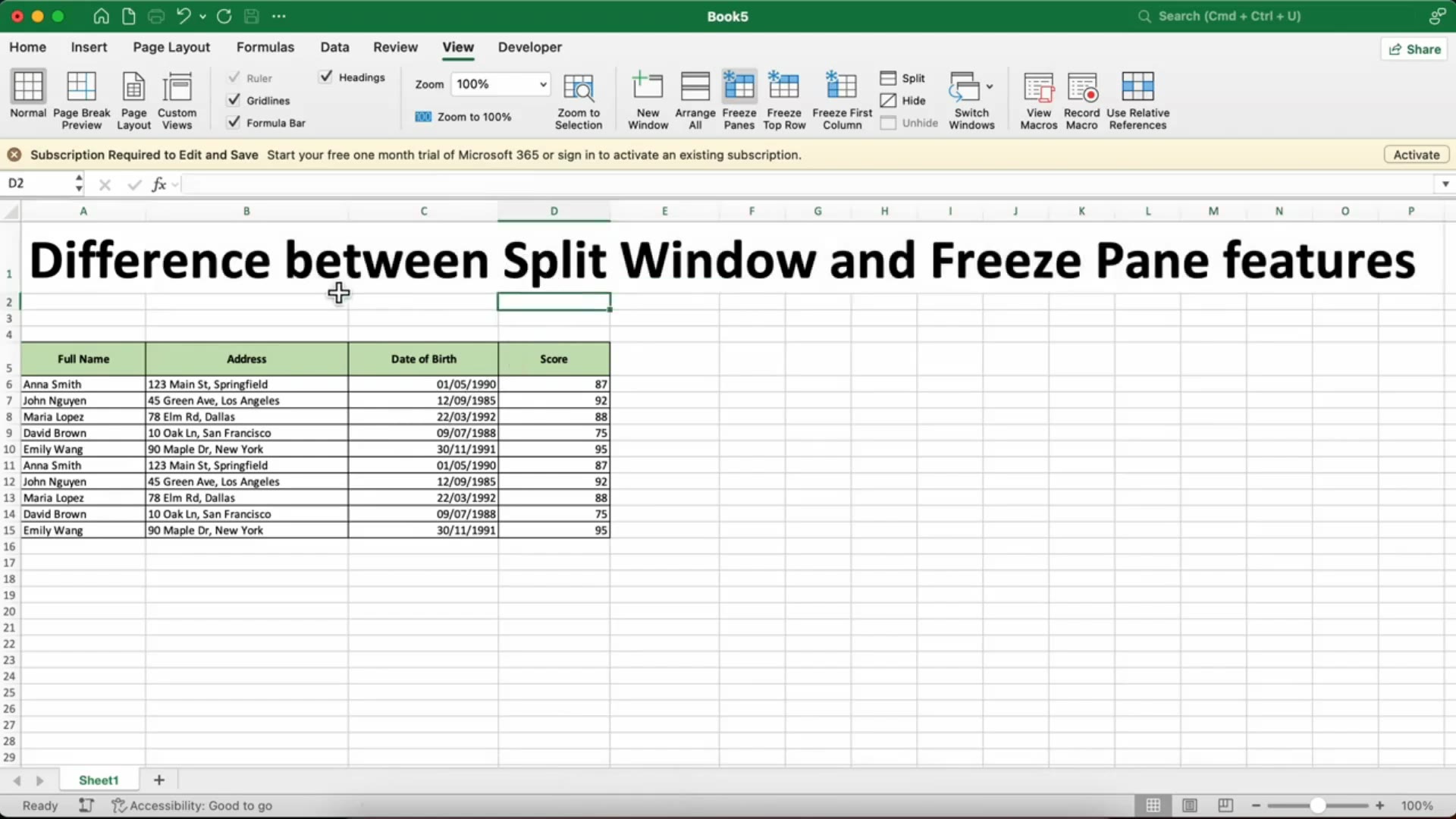 'Video thumbnail for Excel 365 : Scinder une fenêtre vs figer les volets – Quelle est la différence ?'