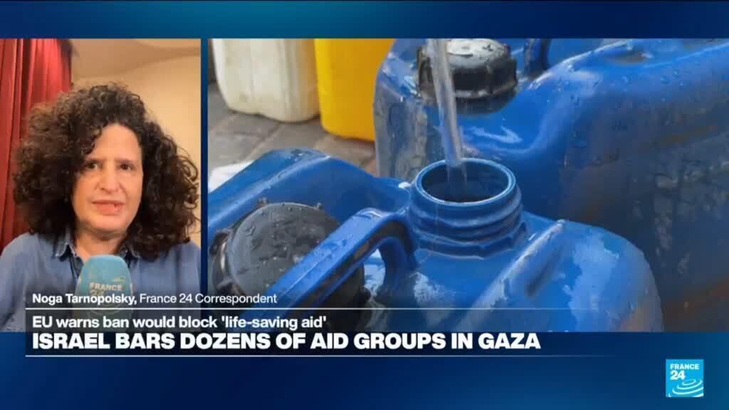 Video thumbnail for Israel bans 37 aid groups from Gaza, where the humanitarian situation remains dire