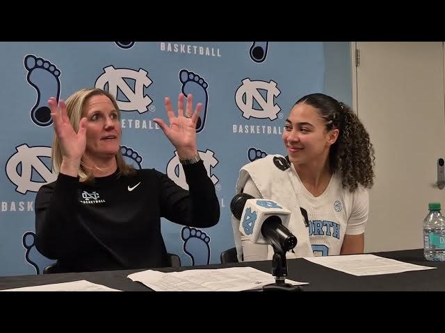 Video thumbnail for #UNC coach Courtney Banghart and freshman guard Taliyah Henderson after blowout win over SMU