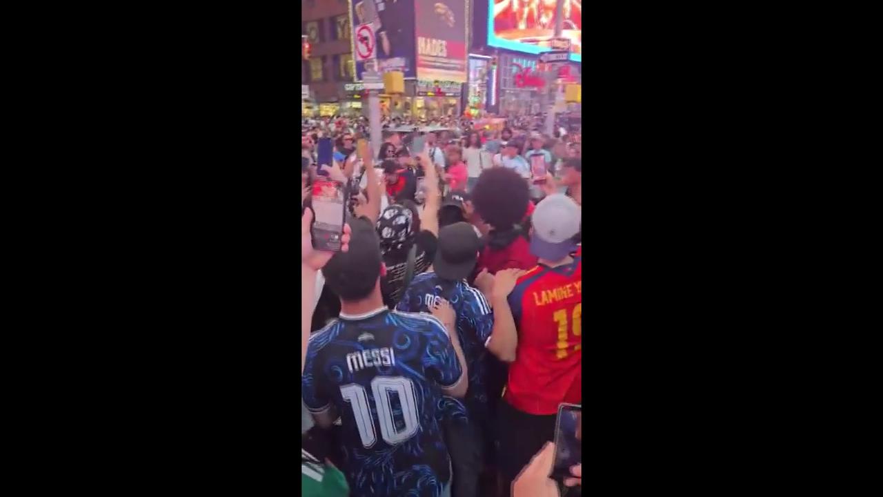 Video thumbnail for World Cup 2026: Fans Scuffle At Times Square Gathering.