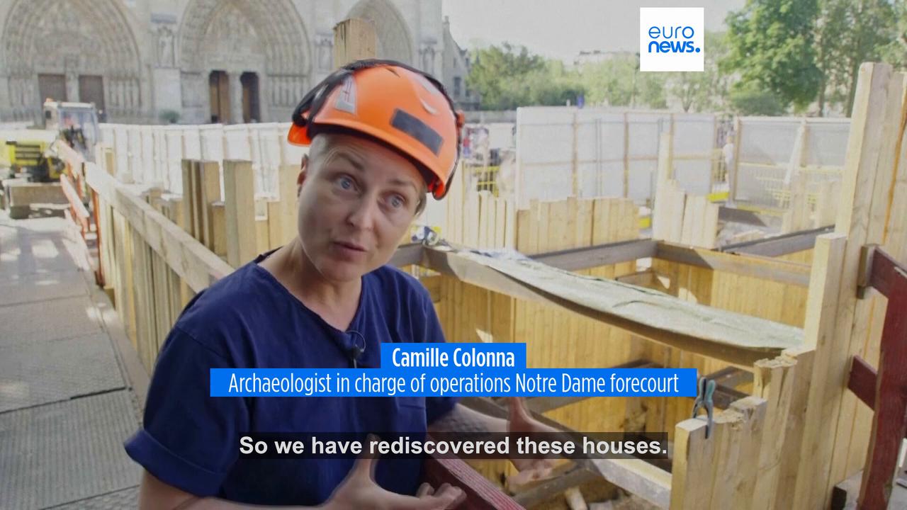 Video thumbnail for Archaeologists uncover centuries of history beneath Paris Notre-Dame square