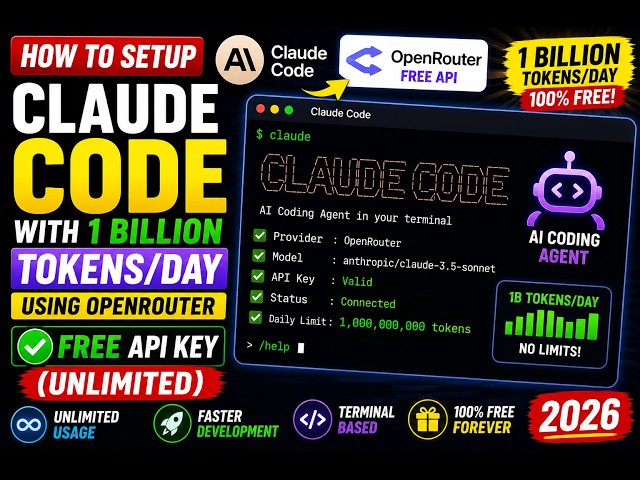 Video thumbnail for How to Setup Claude Code With 1 Billion Tokens/DAY Using OpenRouter FREE API Key (UNLIMITED) in 2026