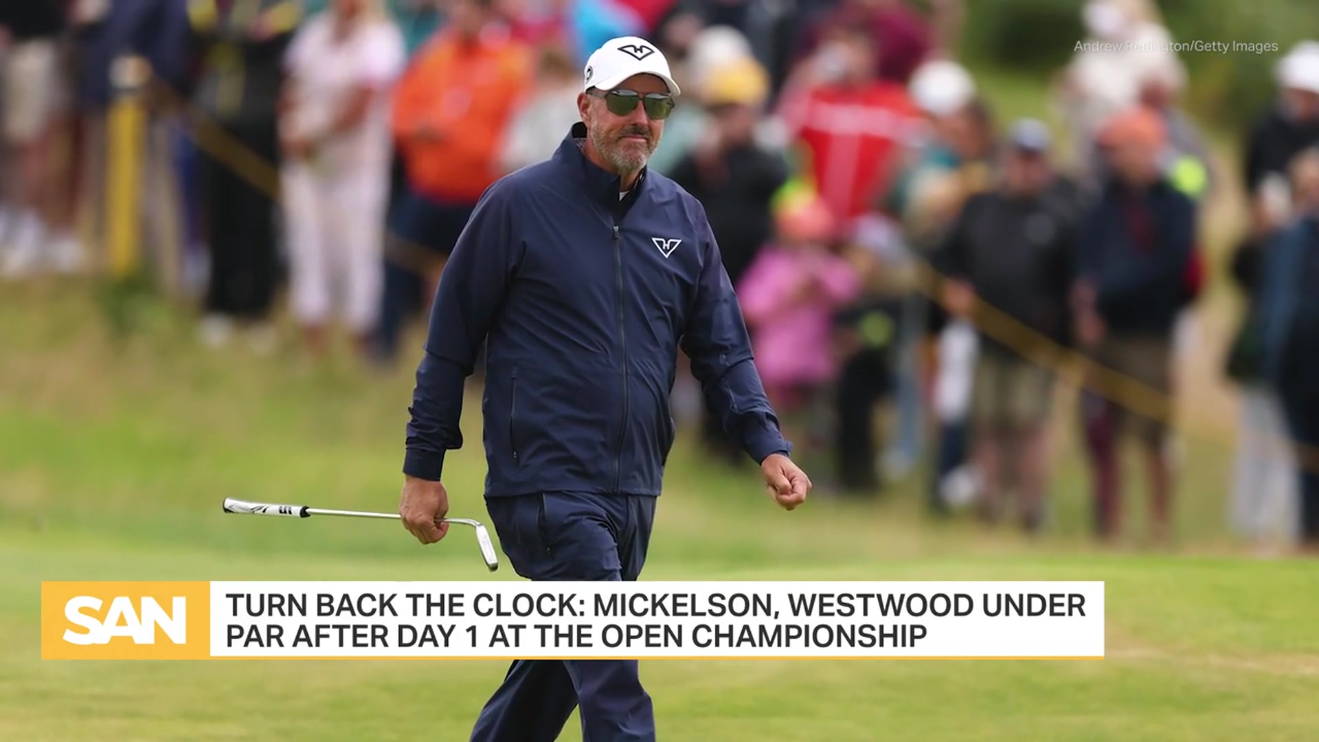 'Video thumbnail for Mickelson, Westwood score one for seniors in first Open Championship round'