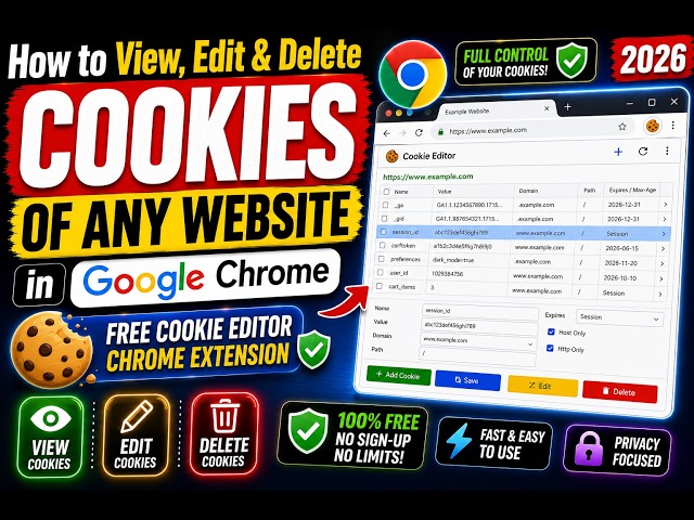 Video thumbnail for How to View, Edit & Delete Cookies of Any Website in Chrome – FREE Cookie Editor Extension 2026
