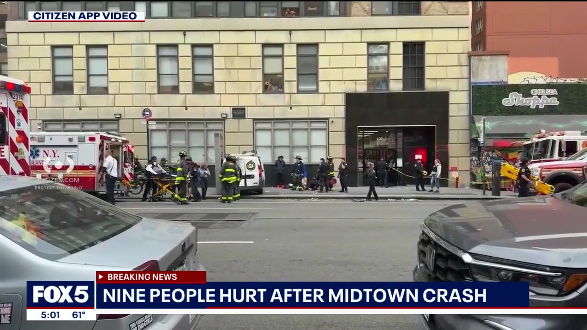 'Video thumbnail for Driver crashes into building in Midtown leaving 9 people injured: FDNY'