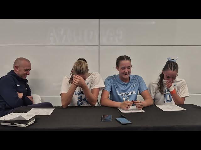 Video thumbnail for #UNC coach Damon Nahas, center back Izzi Straton, goaltender Peyton Trayer and forward Bella Devey