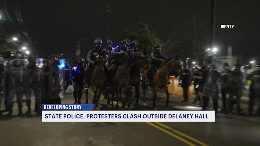 Video thumbnail for NJ State Police and protesters clash outside Delaney Hall