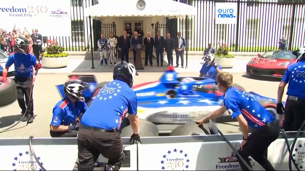 Video thumbnail for Trump watches IndyCar pit stop at the White House