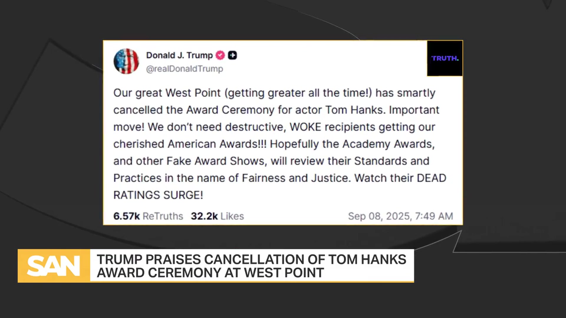 'Video thumbnail for Trump praises cancellation of Tom Hanks award ceremony at West Point'