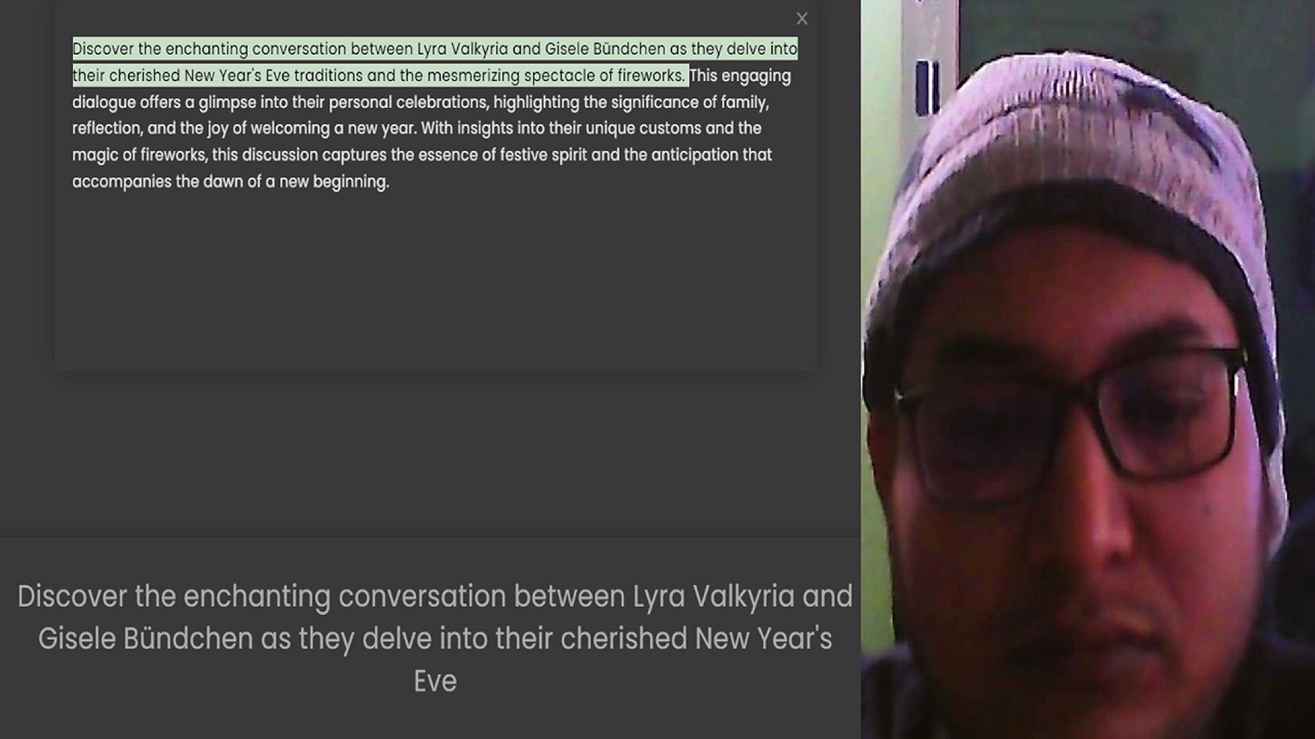 Video thumbnail for Discover the enchanting conversation between Lyra Valkyria and Gisele Bündchen as they delve into their cherished New Year's Eve traditions and the mesmerizing spectacle of fireworks. This engaging dialogue offers a glimpse into their per