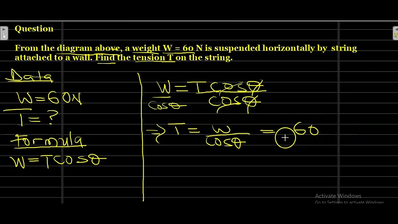'Video thumbnail for From the diagram above, a weight W = 60 N is suspended horizontally by a string attached to a wall.'