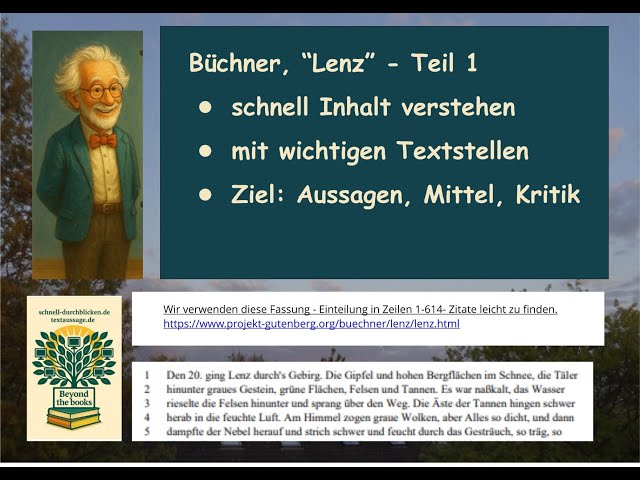 Video thumbnail for Büchner, "Lenz" - Teil 1 - Inhalt und Zitate: Wanderung zu Oberlin- zwischen Wahnsinn u. Beruhigung