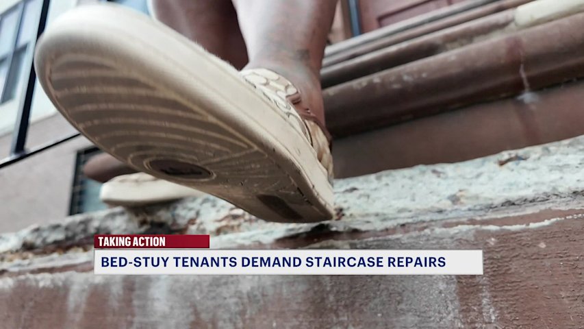 Video thumbnail for Residents frustrated as damaged staircase remains unrepaired at Bed-Stuy brownstone