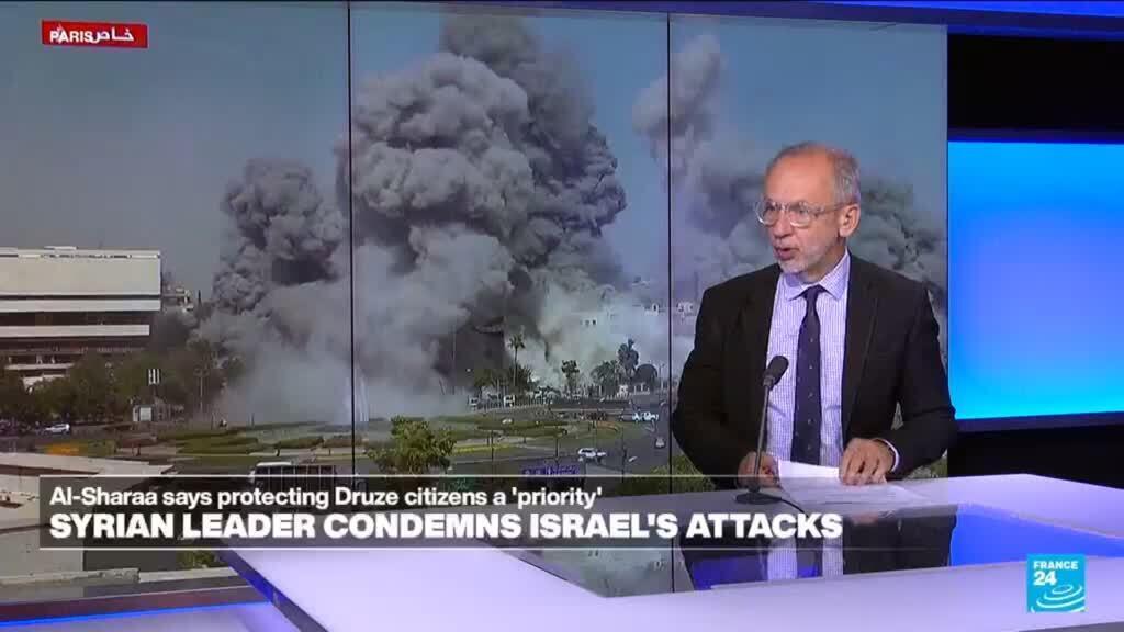 'Video thumbnail for Syrian leader Al-Sharaa condemns Israeli attacks and says protecting Druze citizens a “priority”'