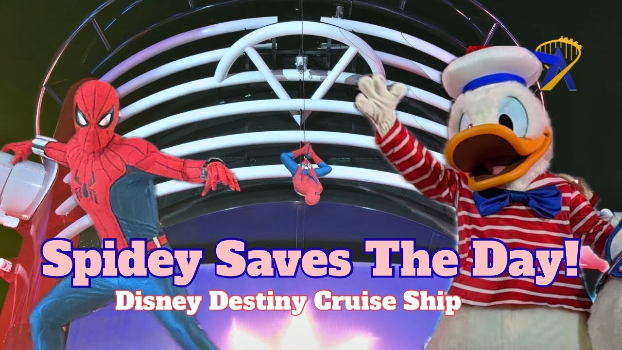 Video thumbnail for Spider-Man Appears in the Let’s Set Sail Show on the Disney Destiny Cruise Ship