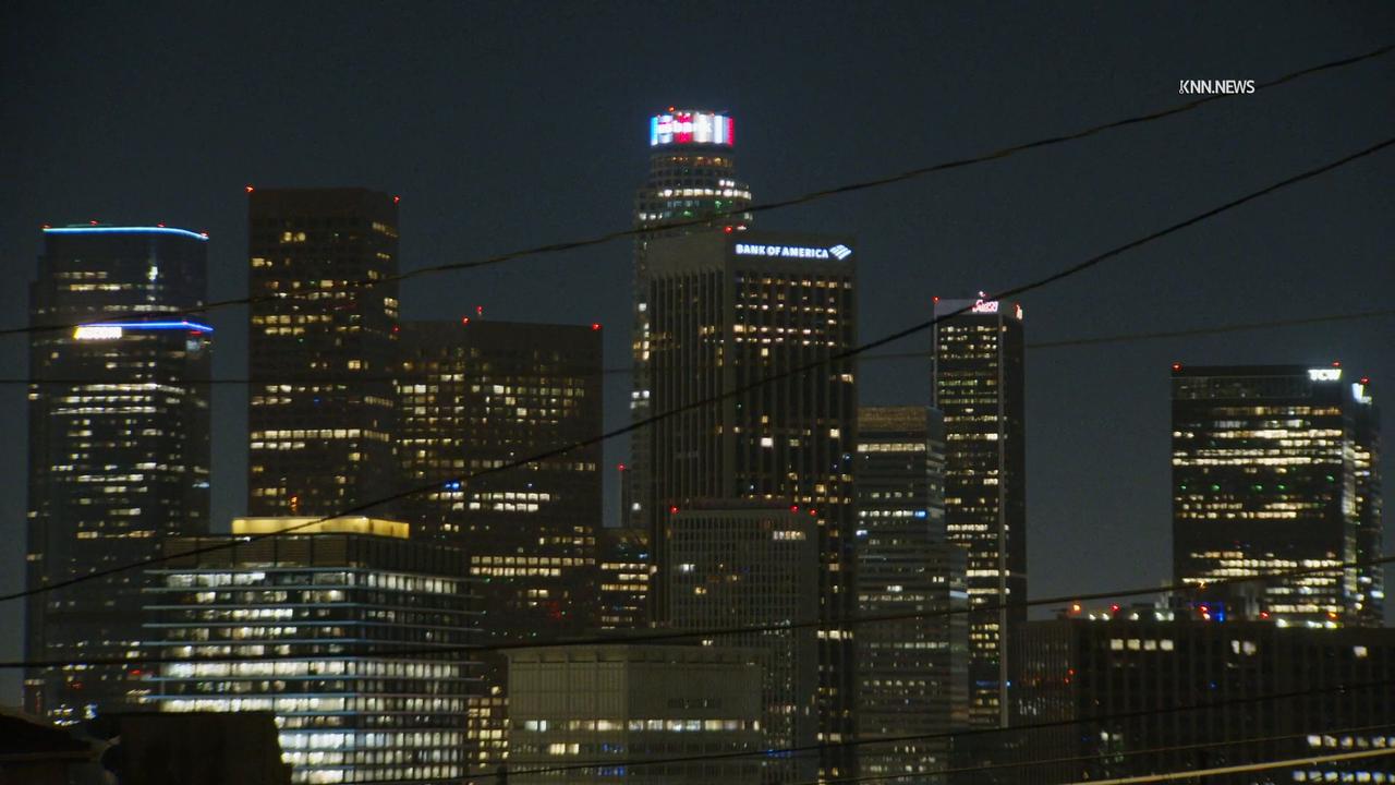 Video thumbnail for US, Los Angeles: Downtown Los Angeles LA Marks September 11 with Special Light Displays.