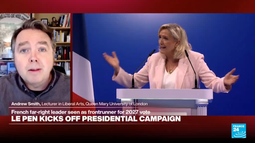 Video thumbnail for France: Le Pen seeks to leverage unrest in presidential campaign kick-off