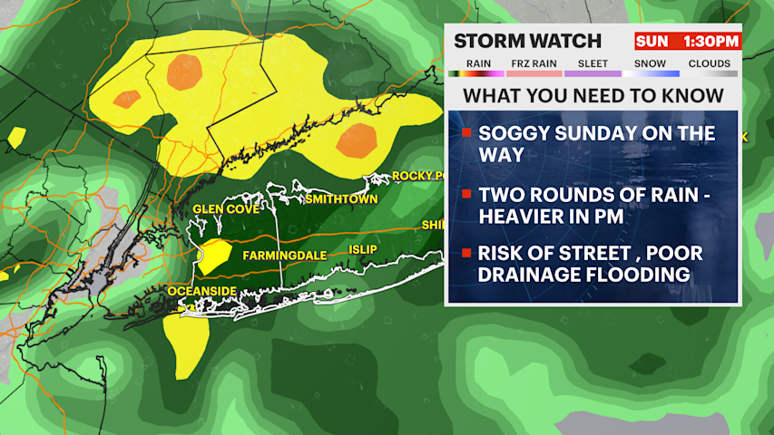 Video thumbnail for STORM WATCH: Rainy Sunday, with pockets of heavy rain at times across Long Island
