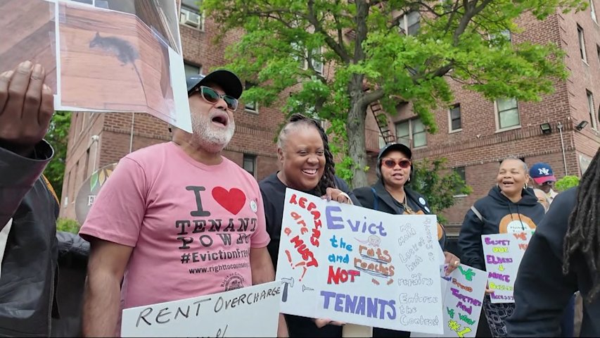 Video thumbnail for Judge halts more than 300 eviction cases at Flatbush Gardens as tenants demand repairs and accountability