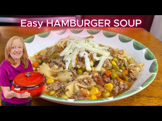 Video thumbnail for Easy HAMBURGER VEGETABLE PANTRY SOUP