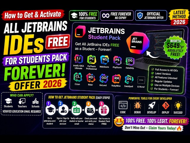 Video thumbnail for How to Get & Activate All JetBrains IDEs FREE for Students Pack Forever Offer in 2026