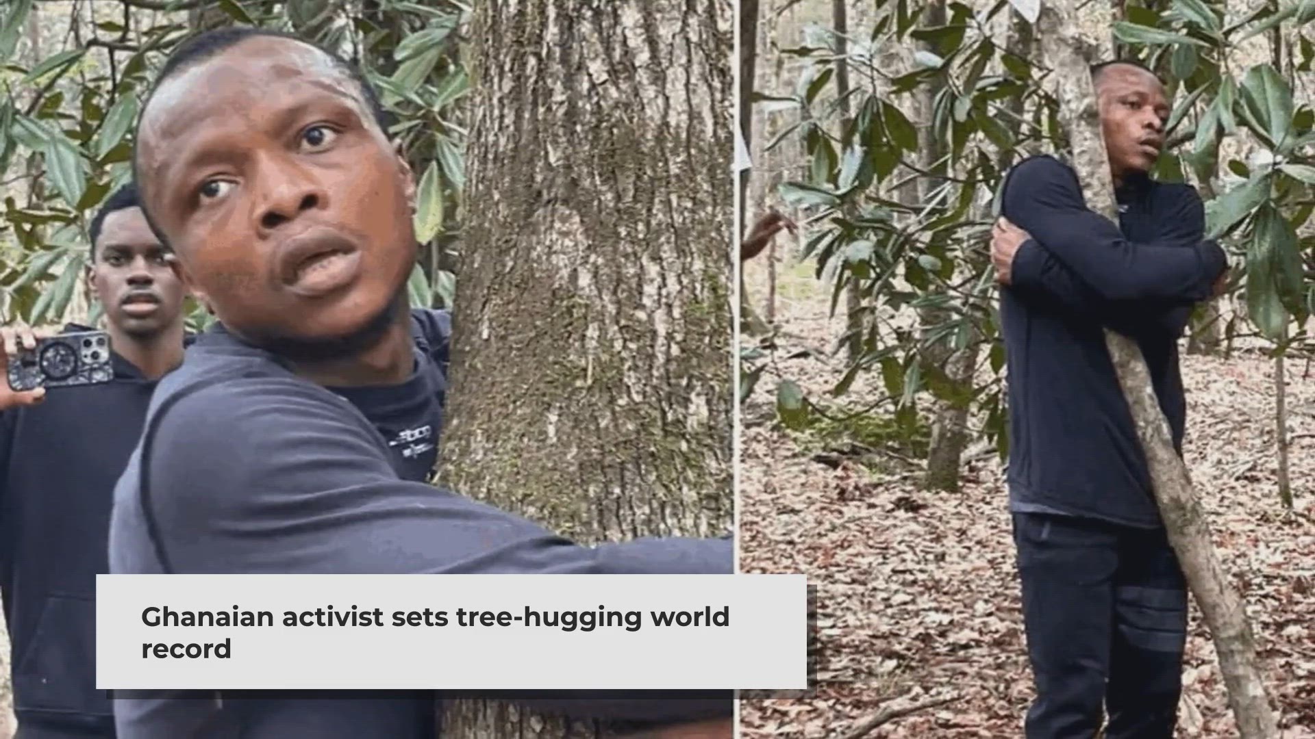 'Video thumbnail for Ghanaian Activist Sets World Record by Hugging 1,123 Trees in One Hour'