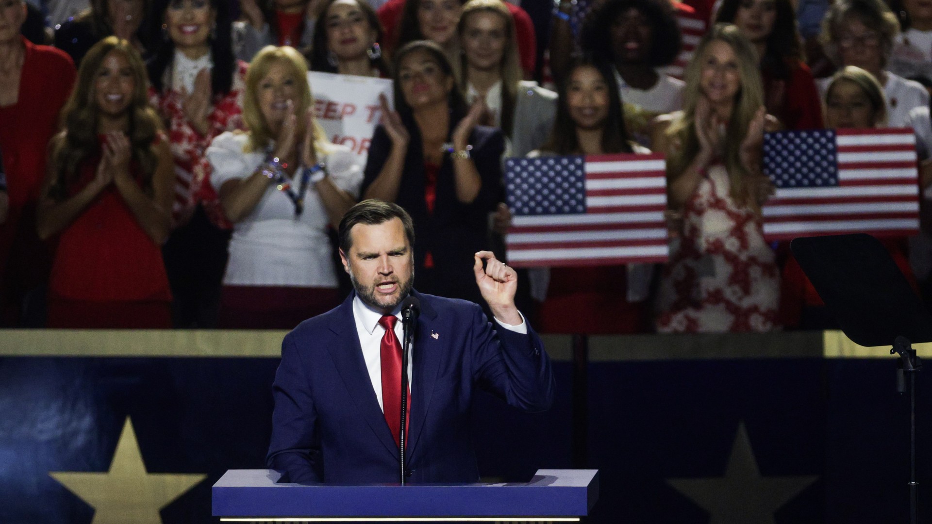 Video thumbnail for Republicans tout ‘American values’ as Trump puts ‘cheat like hell’ line in voting pledge