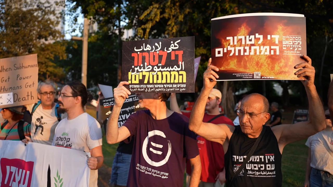Video thumbnail for Israeli demonstrators in Tel Aviv call for Gaza ceasefire, end to settler attacks.